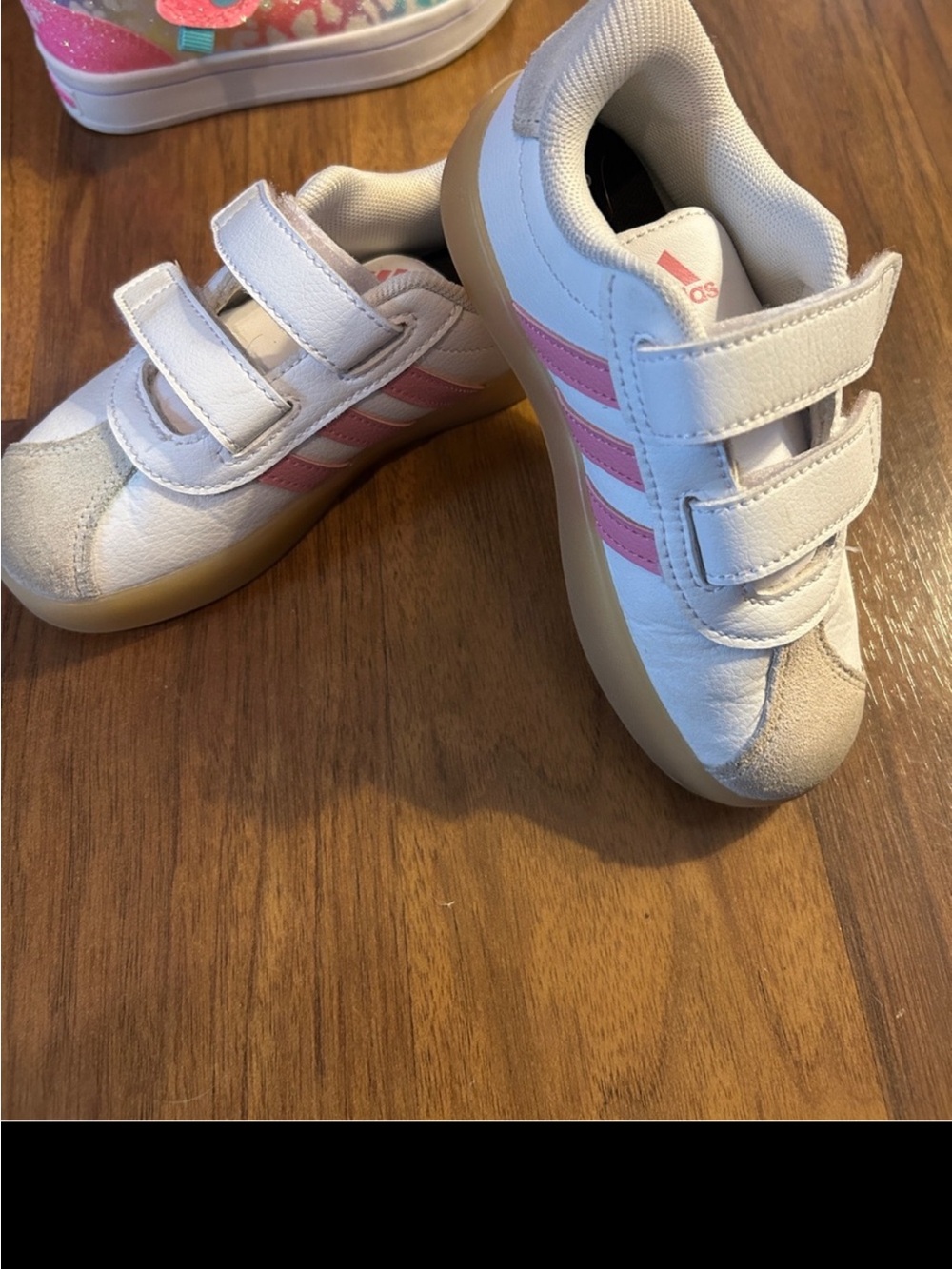 adidas Kids White Sneakers with Pink Stripes and Gum Sole